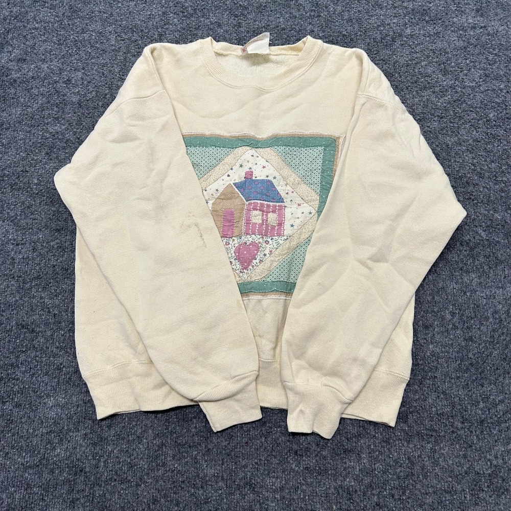 Hanes Sweatshirt Womens Size M Cream Quilted House Graphic Vintage Crewneck Good